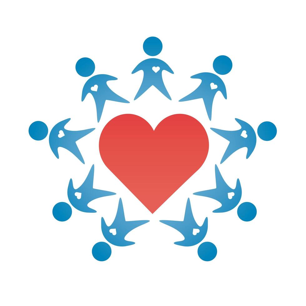 group of people around heart silhouettes degradient style vector