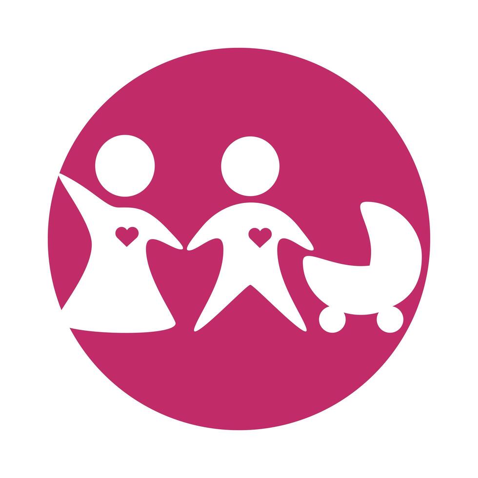 parents couple figures with cart baby block style vector