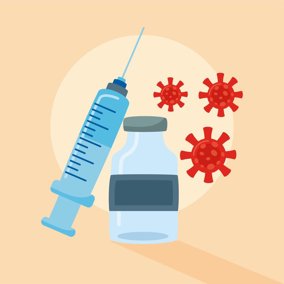 covid19 virus particles with vaccine syringe and vial vector