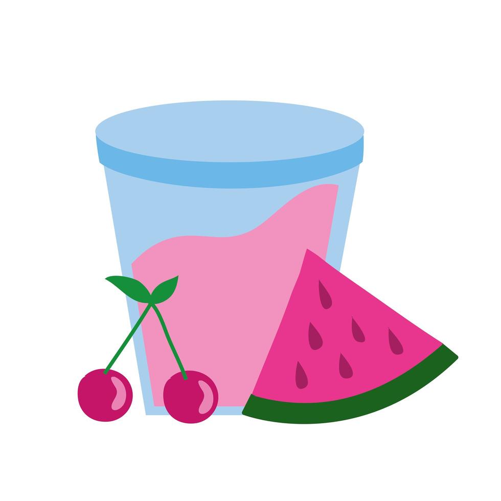 fresh watermelon and cherry fruits with plastic cup vector