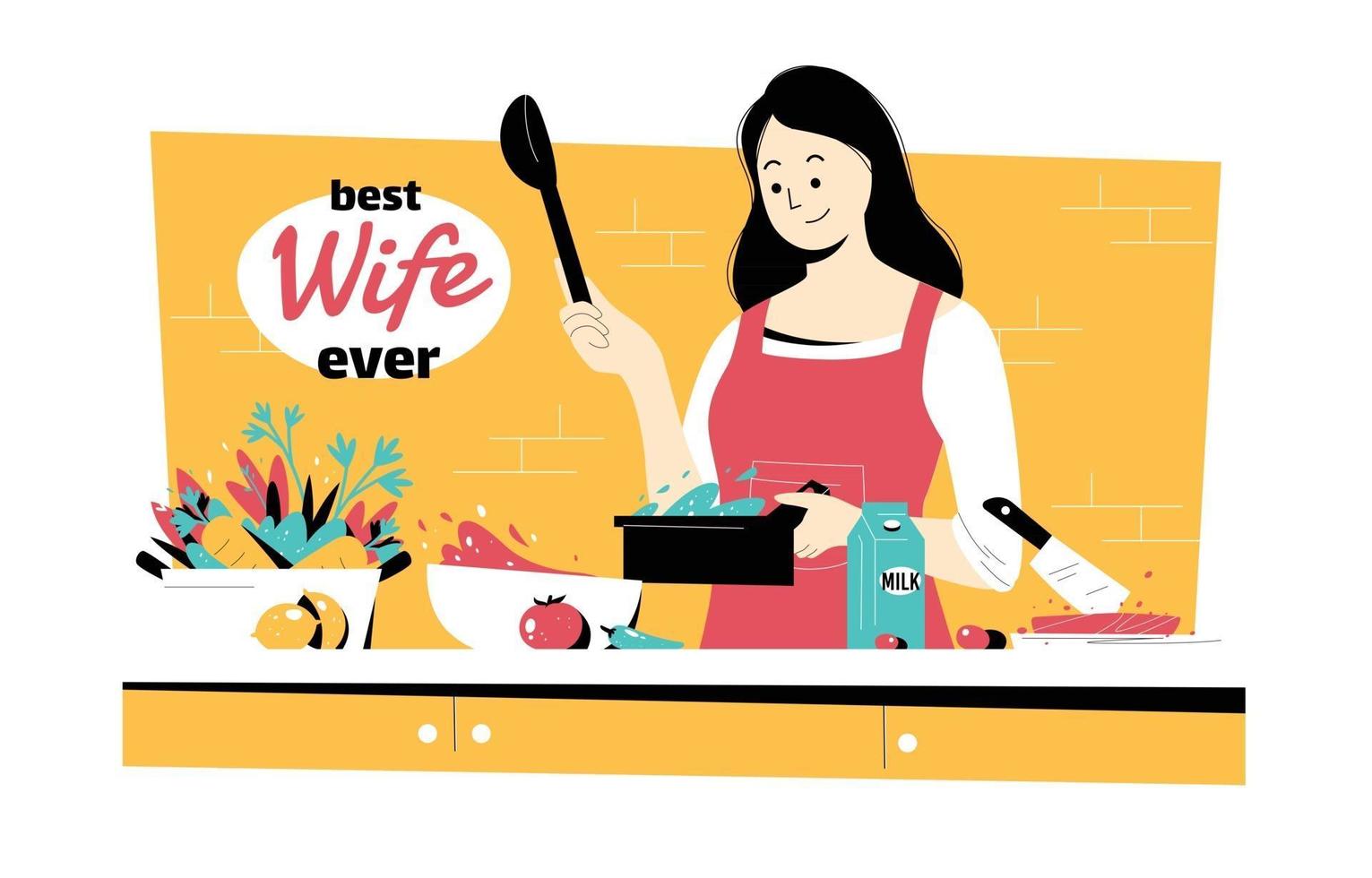 feliz hermosa esposa cocinando en la cocina vector