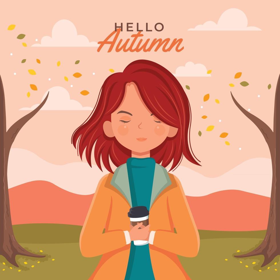Woman Holds Coffee Mug while Enjoying Autumn vector