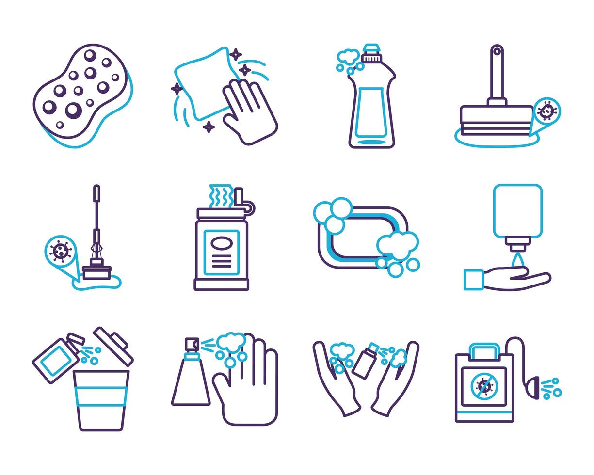 bundle of desinfectants set icons vector