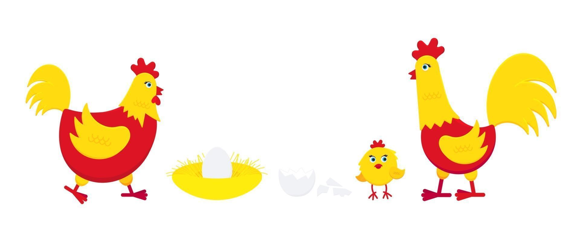 Yellow and red chicken with broken egg, nest, rooster cock and little chick flat style design vector illustration