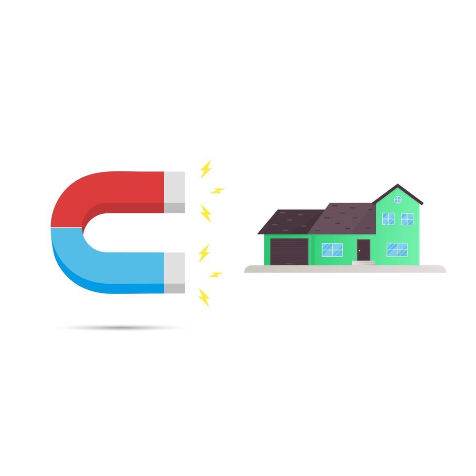 Signo de icono de imán de herradura rojo y azul atraer casa concepto de bienes raíces diseño de estilo plano ilustración vectorial aislado sobre fondo blanco vector