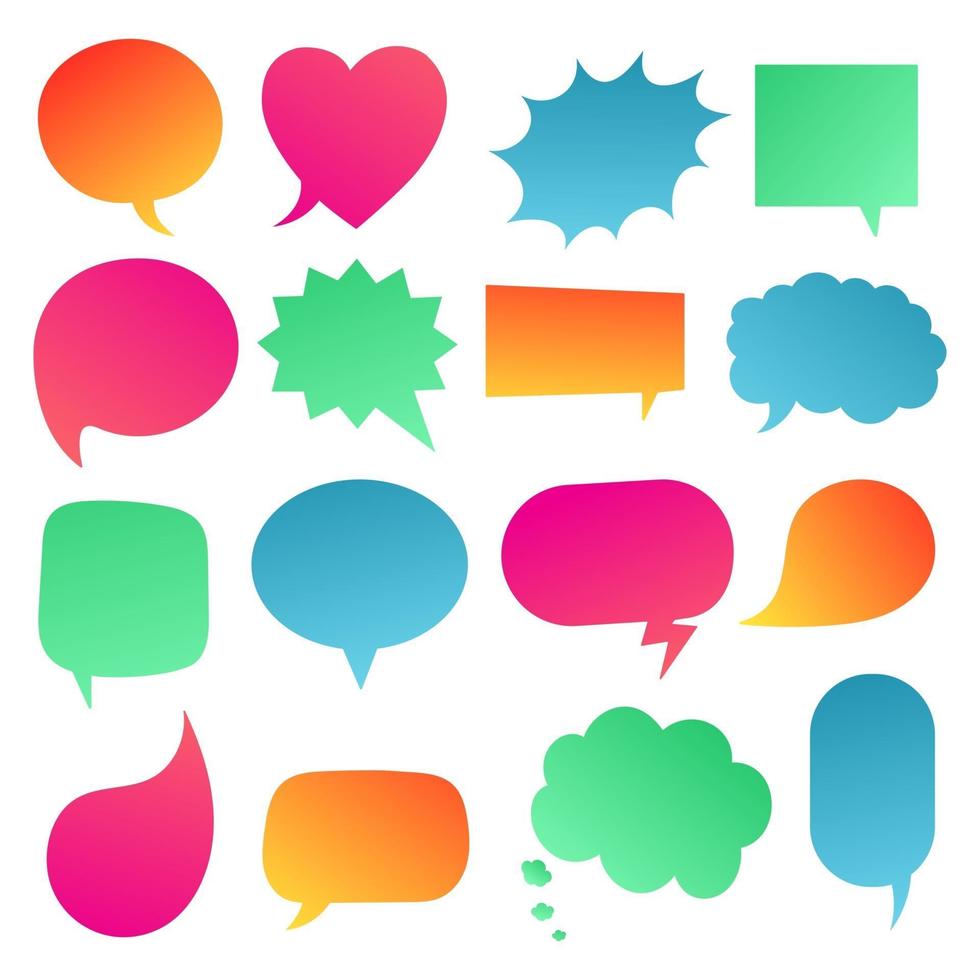 16 Speech bubbles gradient flat style design another shapes without texts hand drawn comic cartoon style set vector illustration isolated on white background Round cloud square heart rectangle