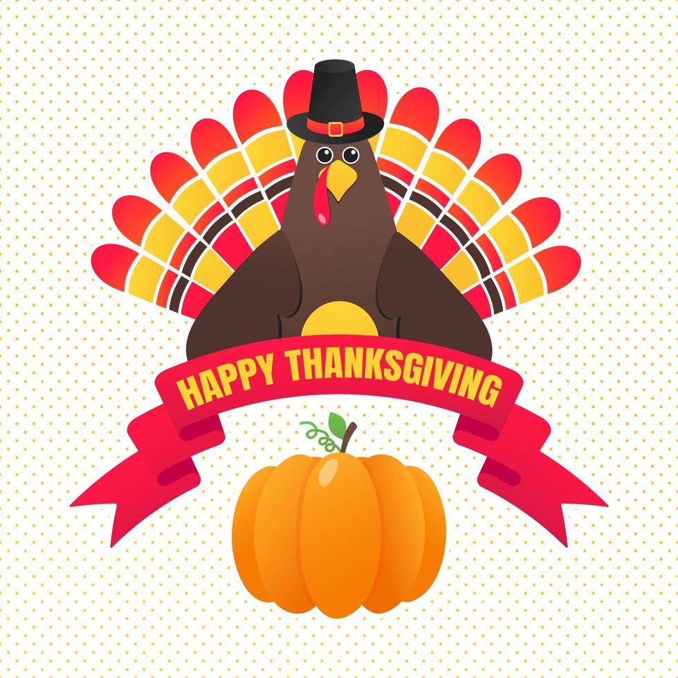 Happy thanksgiving day flat style design poster vector illustration with turkey autumn leaves sunflower corn and pumpkin Turkey with hat and colored feathers celebrate holidays