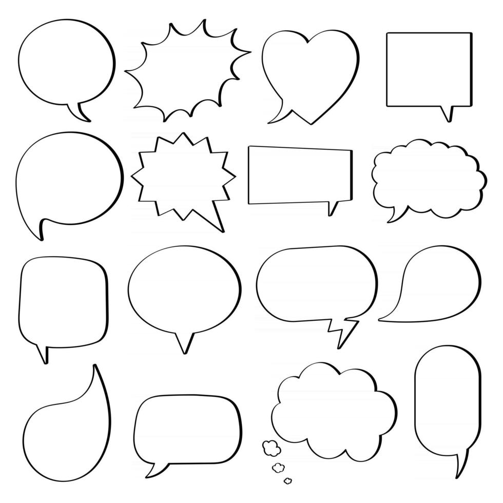 16 Speech bubbles flat style design another shapes without texts hand drawn comic cartoon style set vector illustration isolated on white background. Round, cloud, square, heart, rectangle shapes etc.