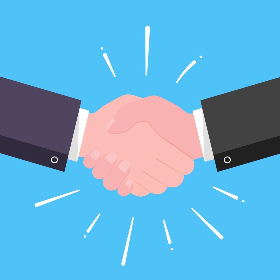 Businessmen shaking hands flat style design vector illustration Success deal partnership greeting handshaking agreement isolated on light blue background