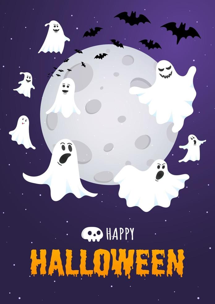 Happy Halloween text postcard banner with ghosts scary face, night sky vector