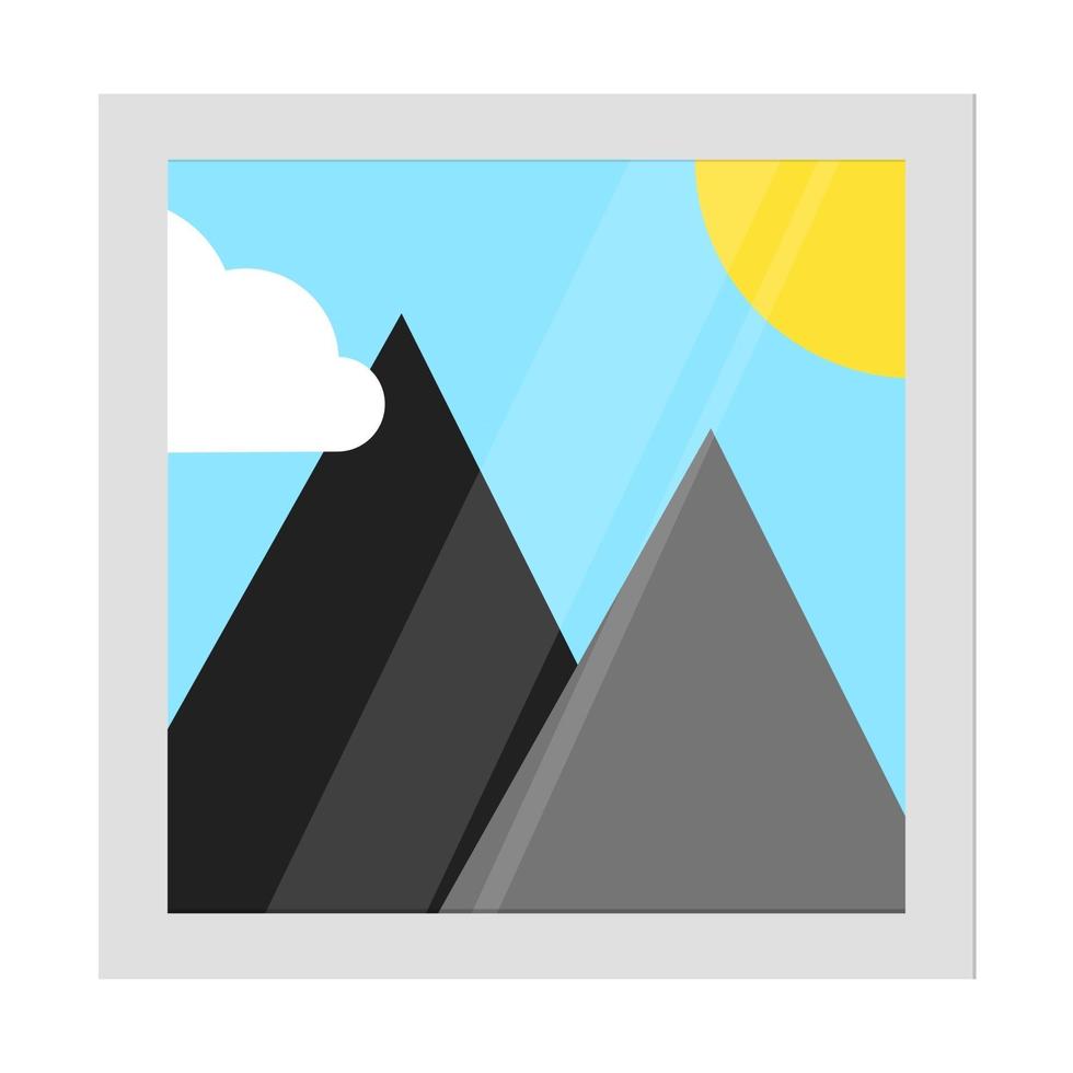 Photo gallery icon sign pictogram flat style design vector illustration isolated on white background. Sun and mountains on it travel symbol.