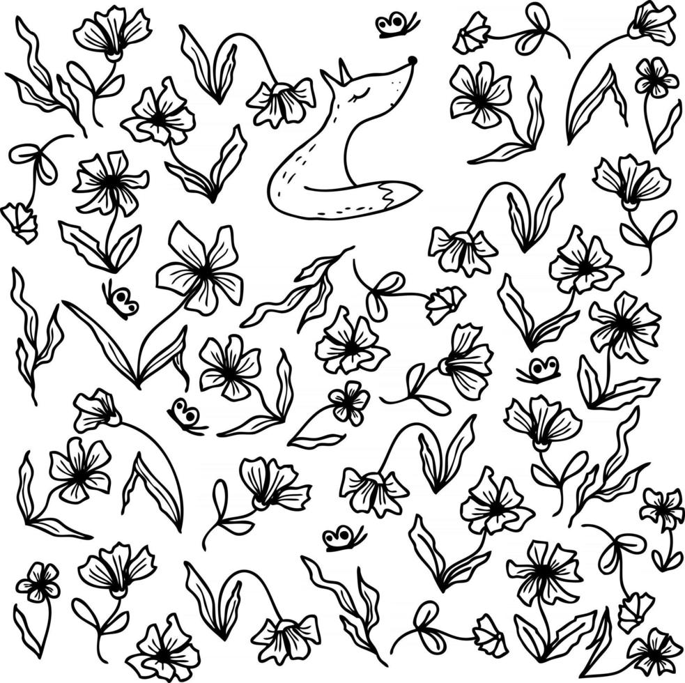 Summer pattern fox in a flower meadow with butterflies vector