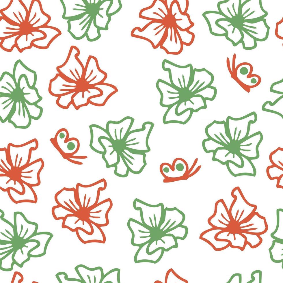 Hand drawn vector summer seamless pattern of a flowers and butterflies