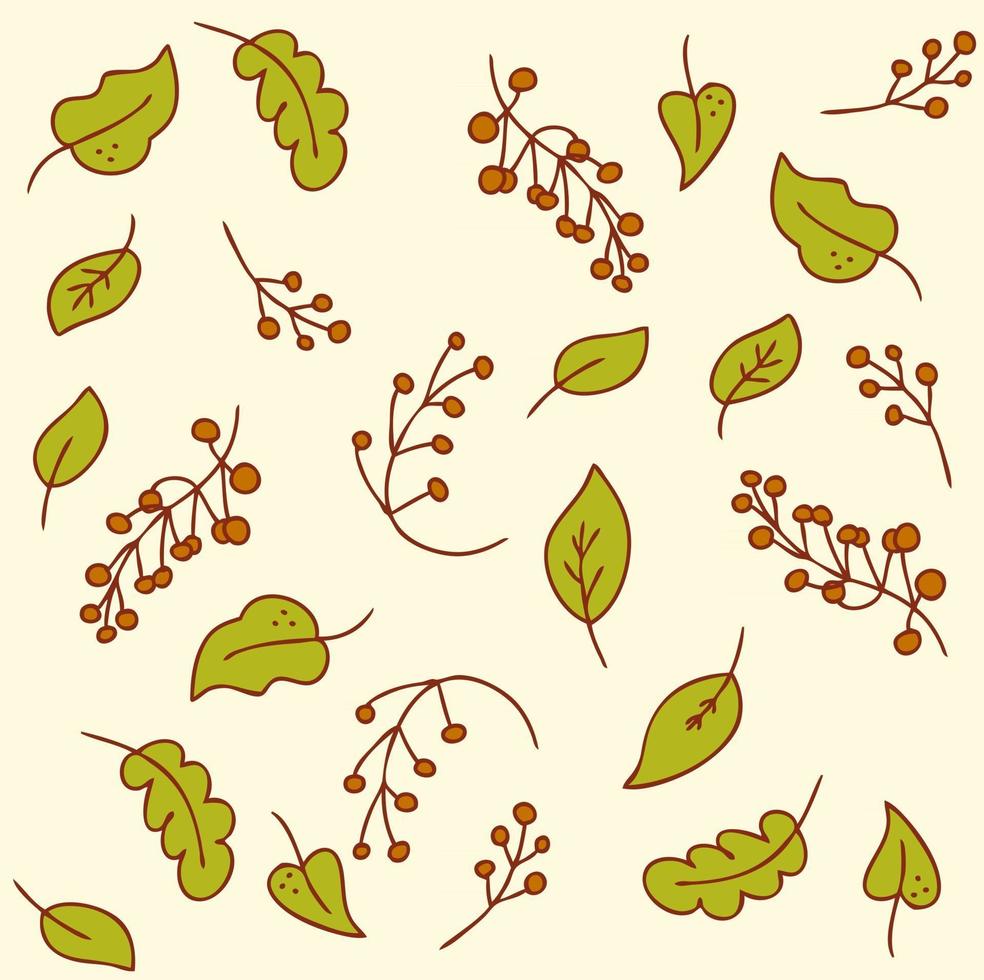 Vector pattern of bright red ripe berries and delicate green leaves