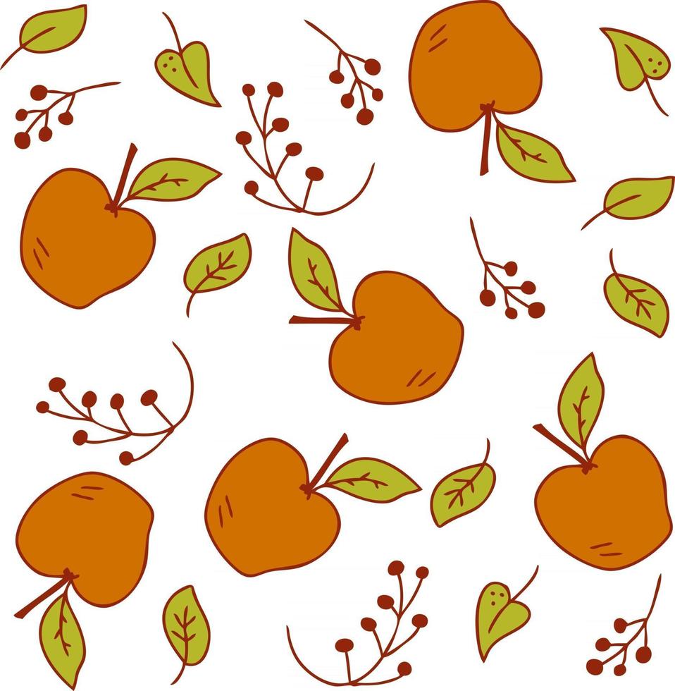 Vector pattern of bright red ripe apples and branches of berries