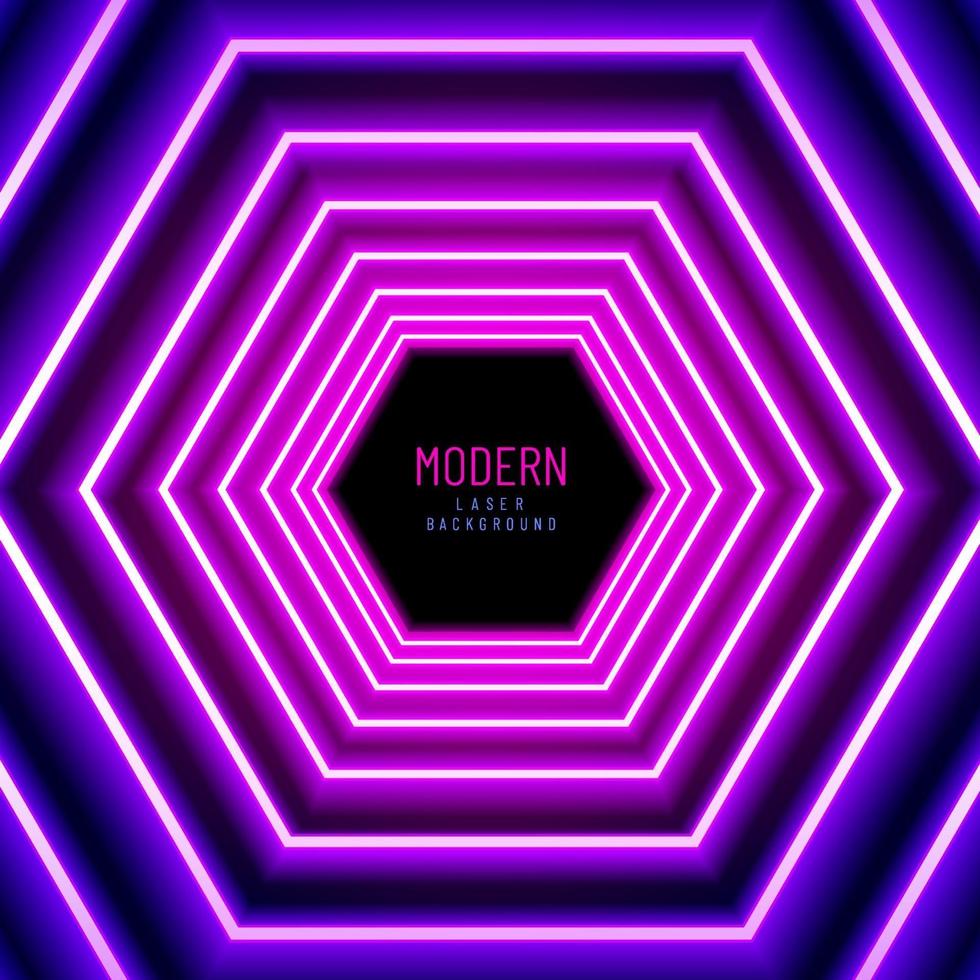 Abstract glowing magenta blue neon lights line background. Perspective hexagon led concept.  Neon lights entrance or festival concept. vector