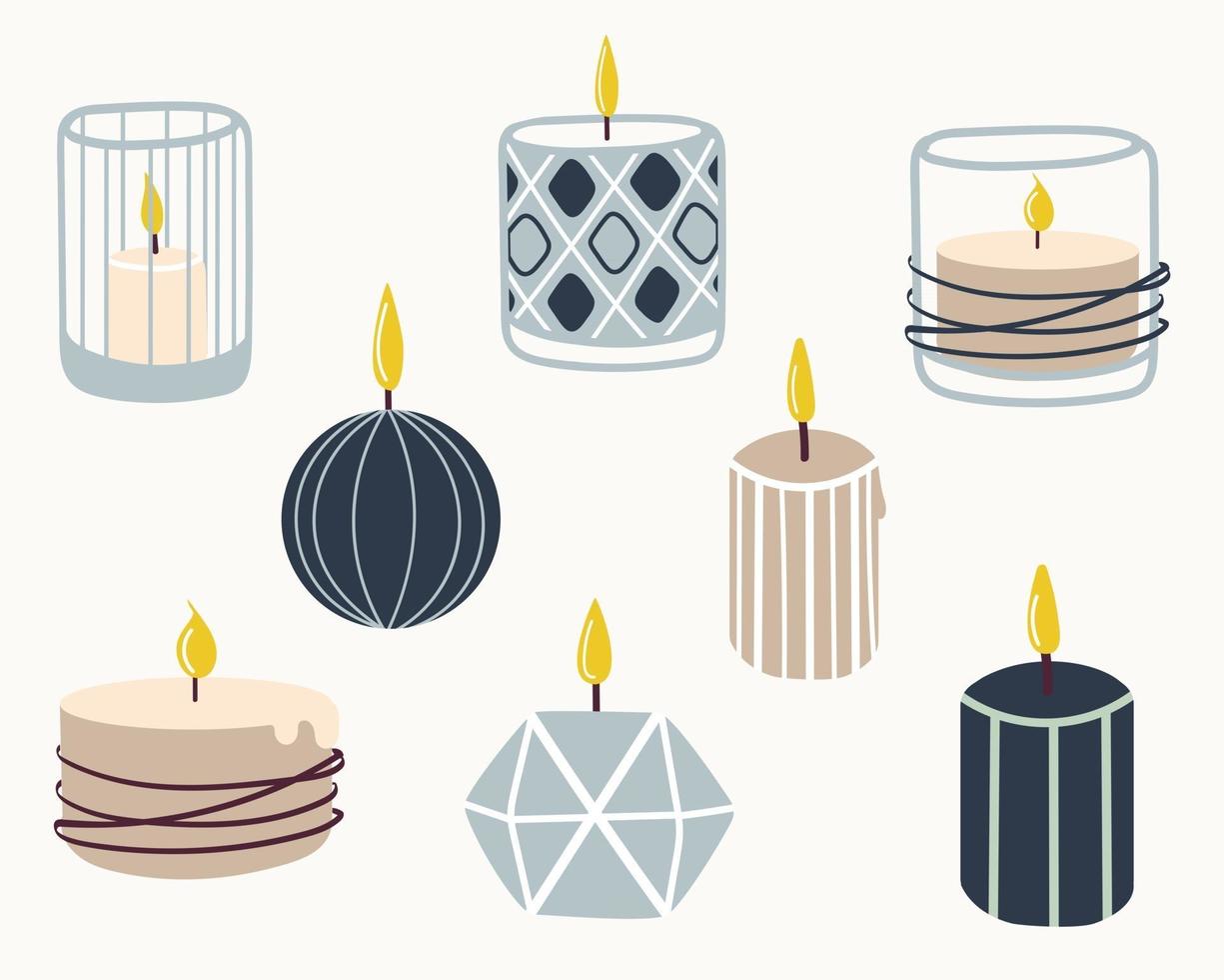 Set of burning scented candles. Hand-drawn vector illustration in doodle style. Design for holiday cards, stickers, print, Christmas,New Year