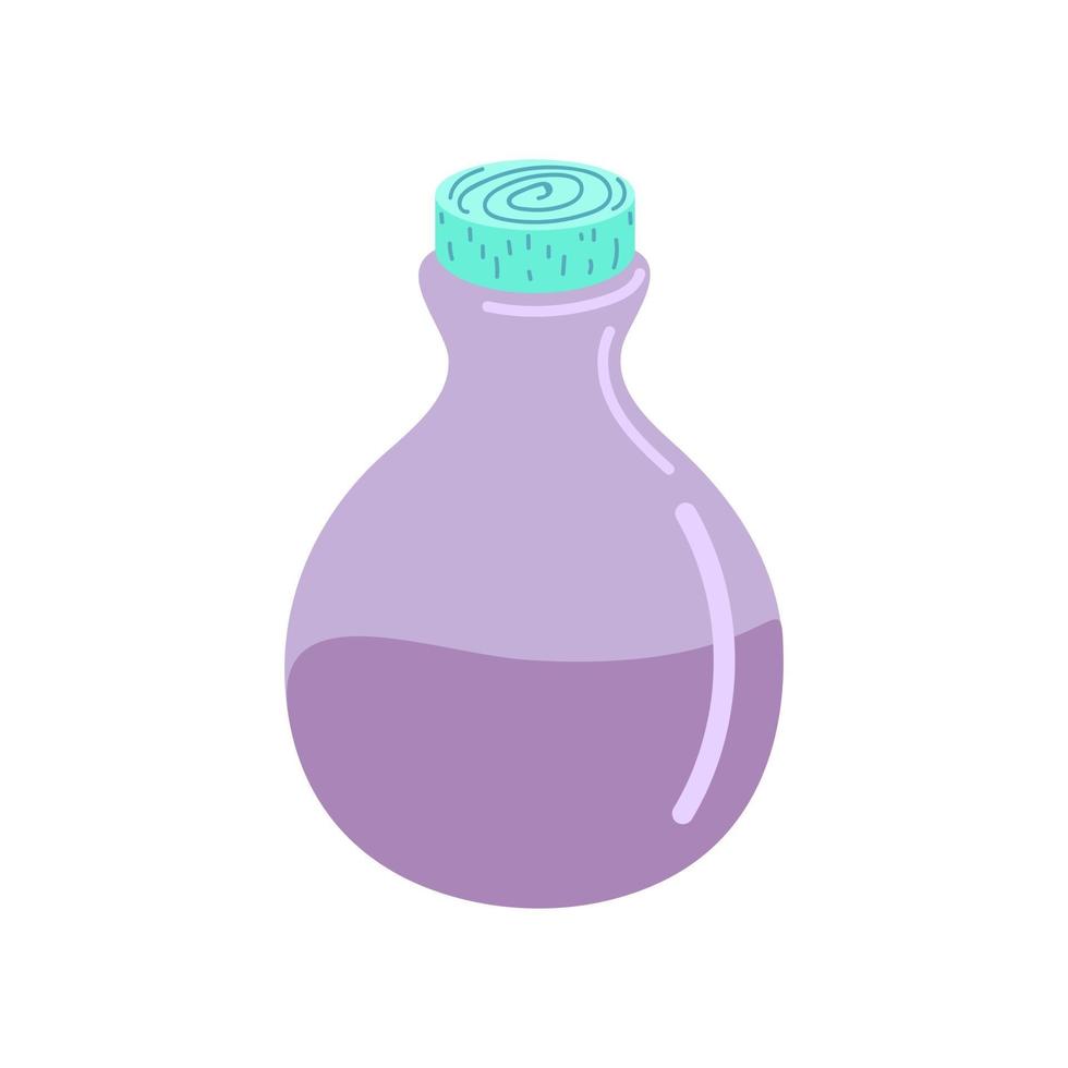 A glass bottle with a magic potion. A magic potion. Elixir. Flat vector illustration. Design for Halloween, invitation cards, greeting cards, printing. Cute little bottle of witch potion.Vector