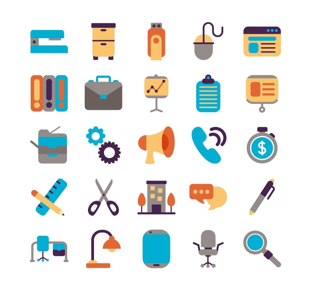 bundle of office set flat style icons vector