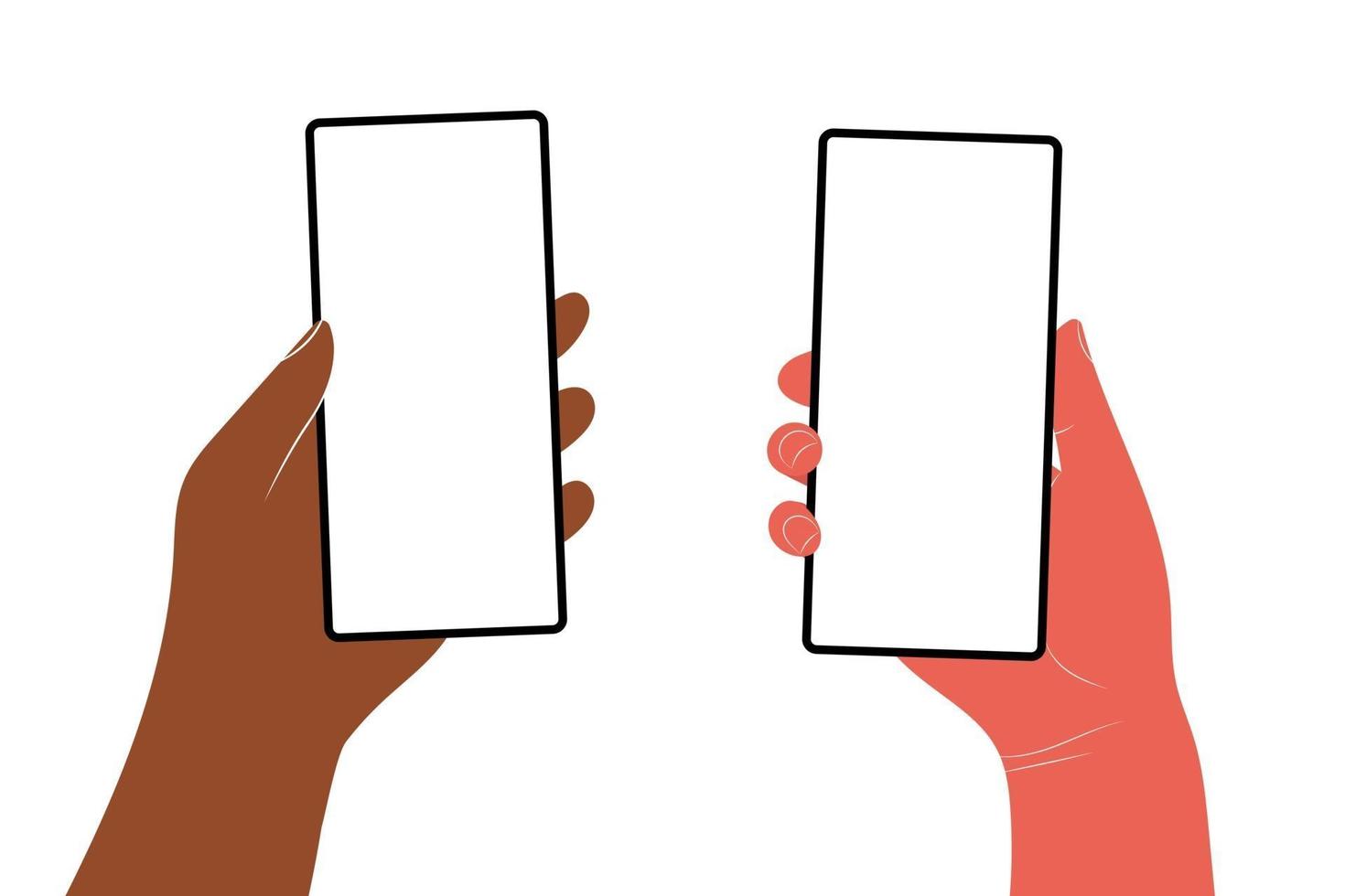 Human hands hold horizontally mobile phone with blank screen vector