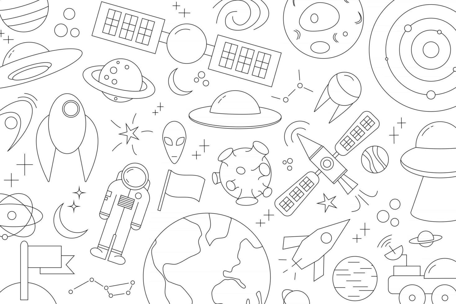 Modern pattern of planet star comet with different rockets Universe line drawings Cosmos vector