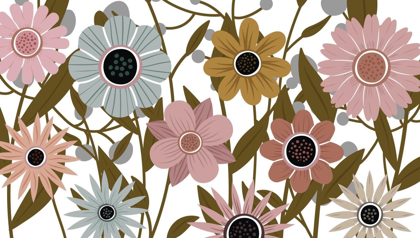 telón de fondo decorado con flores y hojas. vector de fondo de naturaleza de arte abstracto. marco de plantas de moda. jardín de flores. diseño de patrón floral botánico para el verano.