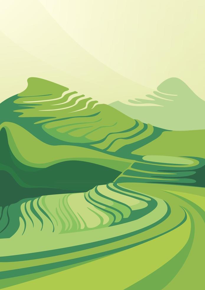 Landscape with rice terraces. Agricultural scenery in vertical orientation. vector