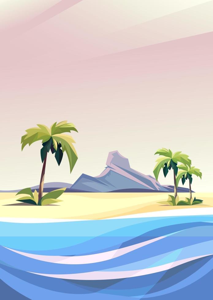 Seascape with palms and rock in vertical orientation. vector