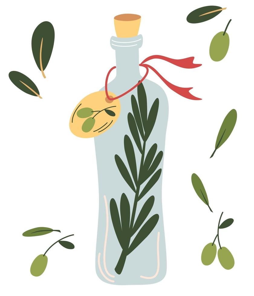 Glass bottle with olive oil. Olive fruit, branches tree and olive oil bottle. Vegan diet. Perfect for cooking. Design elements for label, emblem, banner. Vector flat illustrations.