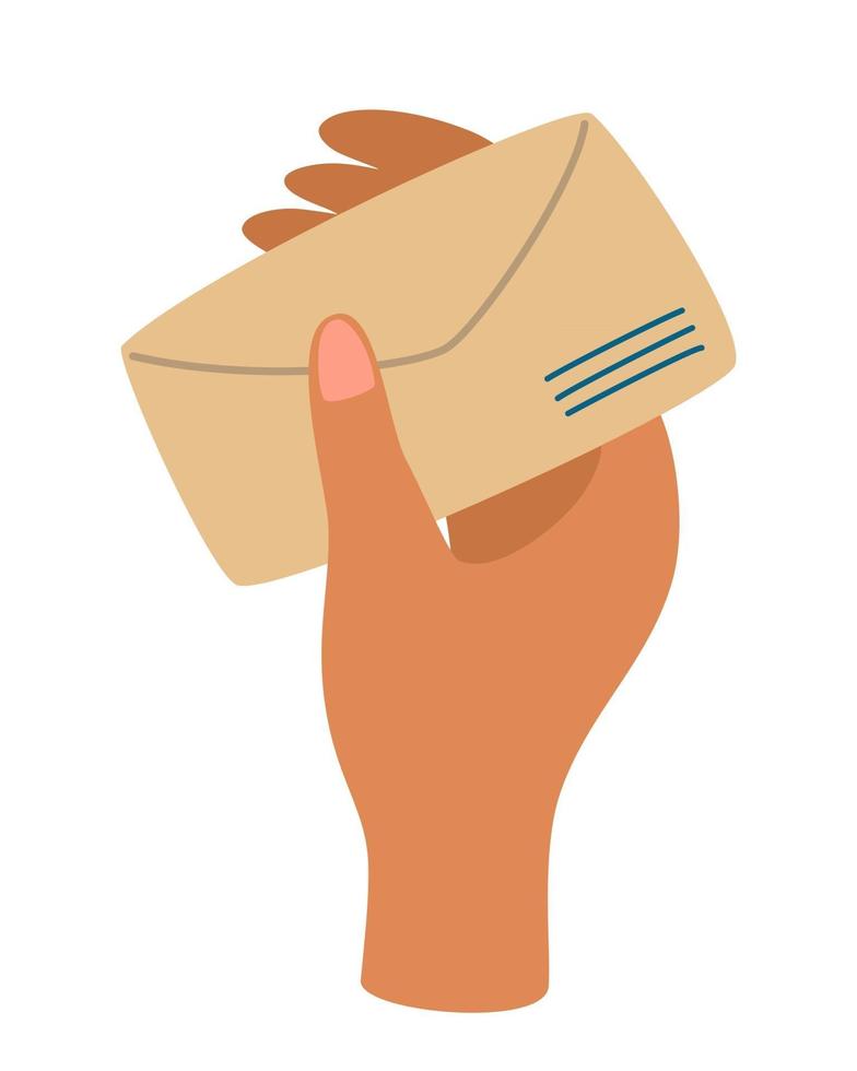 Hand holding an envelope with a letter. Mail, communication and message concept. Correspondence through postal service. Sending written letter. Vector illustration.