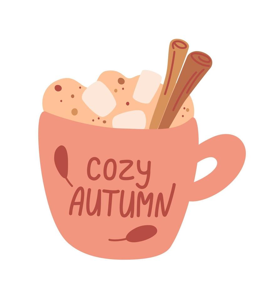 taza con bebida de otoño con malvavisco y canela. bebida caliente. vacaciones de otoño e invierno. café, cacao, capuchino y malvaviscos. beber con canela y nata montada. ilustración vectorial vector