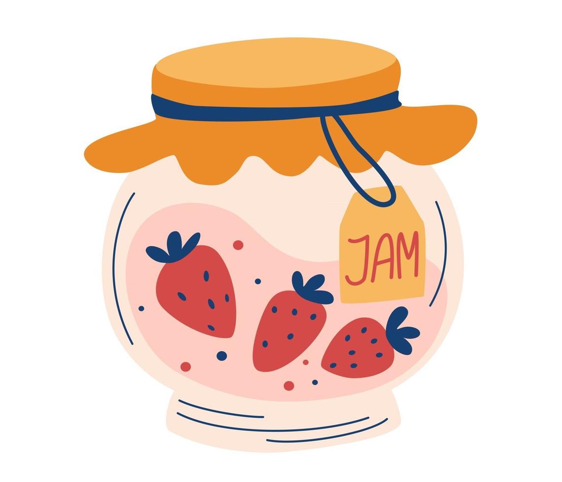 Strawberry jam in glass jar. Doodle of home cooking. Healthy Sugar Replacement. Homemade berry jelly cartoon icon. Clipart for decor, sticker, design, card, print. Vector flat illustrations.