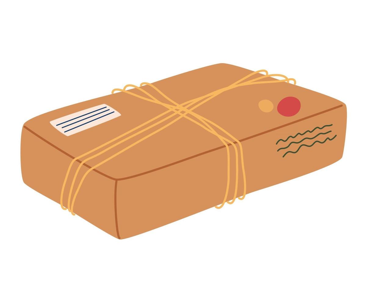 Craft box package with rope. Paper containers, box. Postal package. No plastic, save the planet. Vector flat illustrations. Isolated against white background