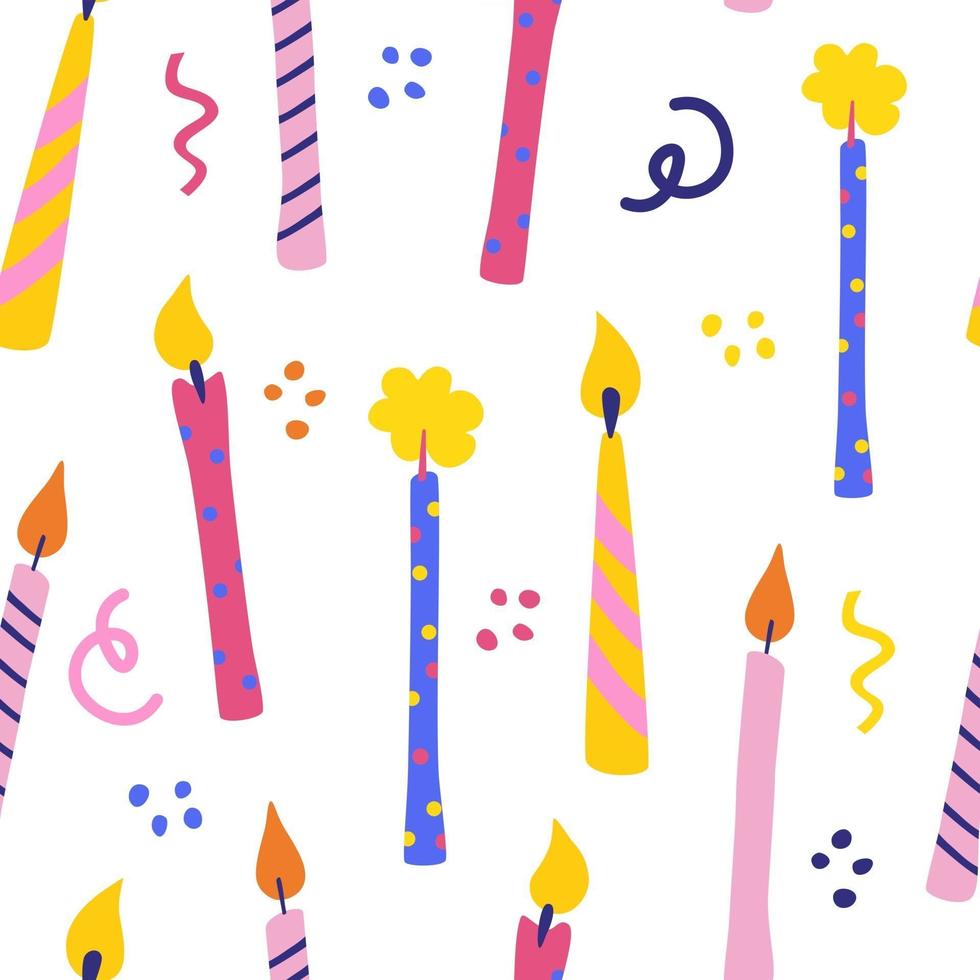 Birthday candles seamless pattern. Presents and gifts festive wrapping paper. Celebration, greeting postcard backdrop. Colorful candles. Vector cartoon illustration