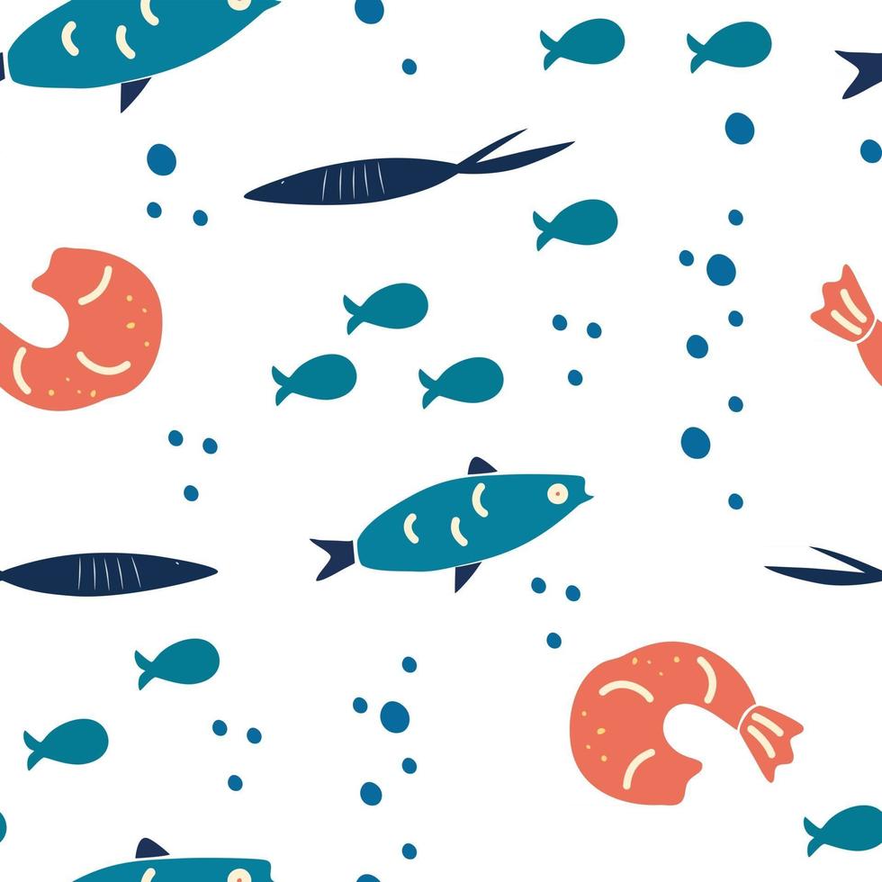 Seafood seamless pattern. Background with fish and shrimp. Underwater, sea life. Fish food endless texture. Cute marine pattern for fabric, clothing, textiles, wrapping paper and other. Vector