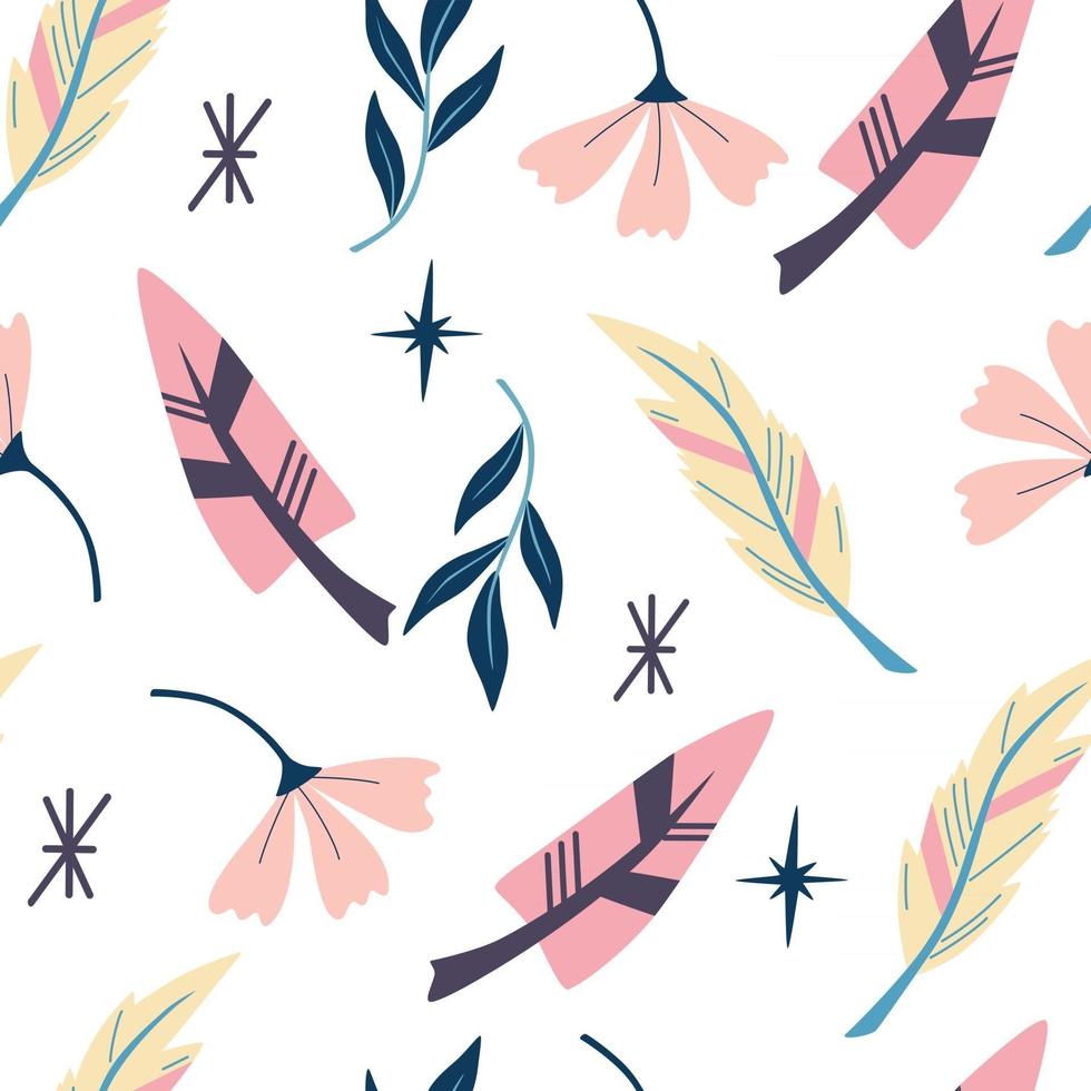 patrón sin costuras con plumas. papel pintado en estilo boho. Fondo de plumas y flores geométricas aztecas indias. para papel tapiz, fondo de página web, tarjetas de felicitación, impresión de tela. vector