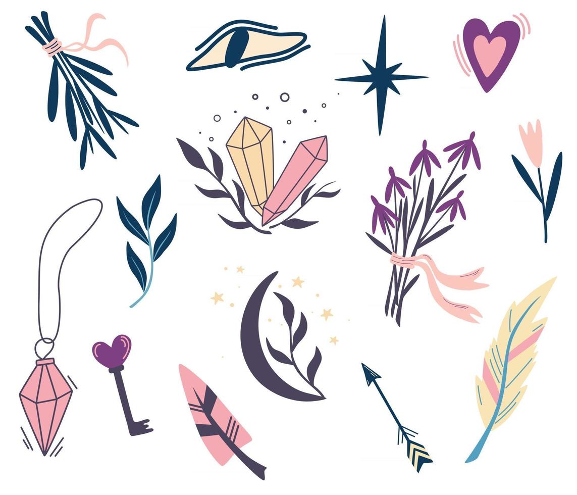 Set of magic plants and symbols. Moon, flowers, Eye, Crystals, herbs, Feathers. Hand drawn illustrations for tattoo, textile, cards, Halloween decor. Vector illustration in cartoon style