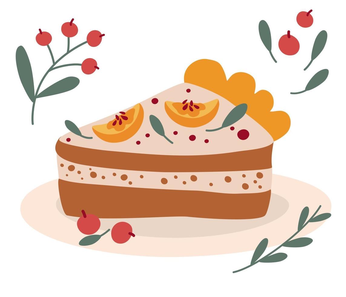 dulce trozo de pastel de calabaza. festival de la cosecha de la granja de dibujos animados. El postre tradicional americano es un día de acción de gracias. diseño para tarjeta de invitación de vacaciones, cartel, banner, postal, impresión. ilustración vectorial vector