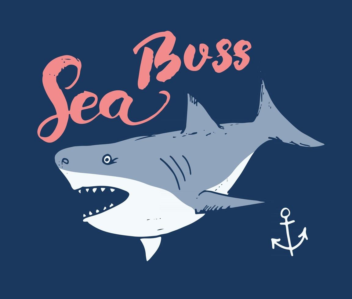 Cute Shark hand drawn sketch, T-shirt print design vector illustration