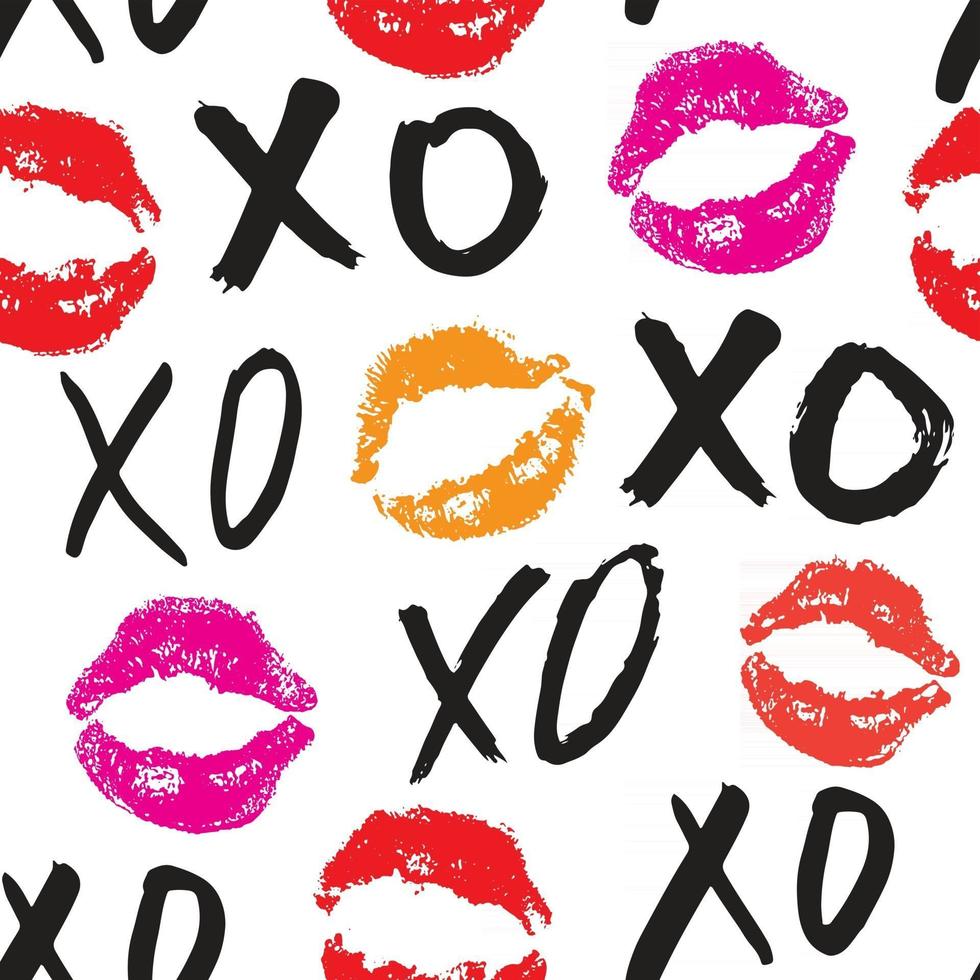 Xoxo cepillo letras signos de patrones sin fisuras, frase caligráfica de abrazos y besos de grunge, abreviatura de jerga de Internet símbolos xoxo, ilustración vectorial aislado sobre fondo blanco vector