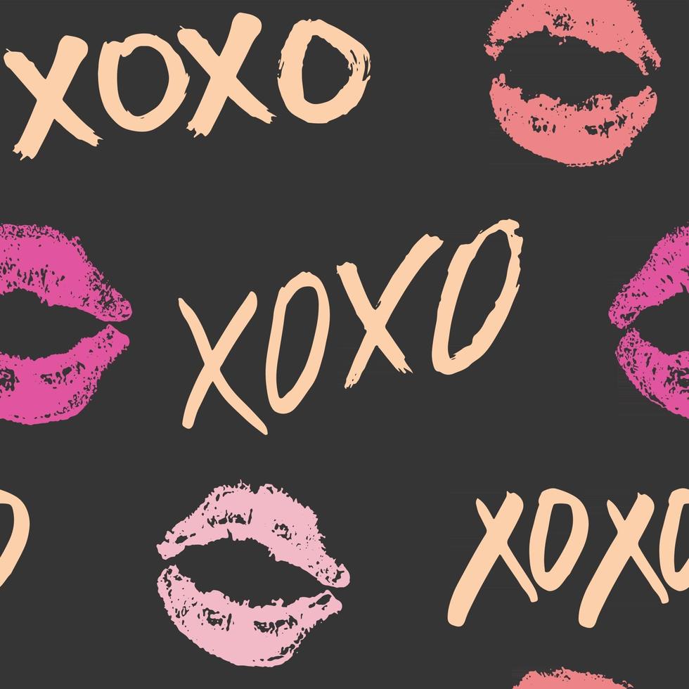 XOXO brush lettering signs seamless pattern, Grunge calligraphic hugs and kisses Phrase, Internet slang abbreviation XOXO symbols, vector illustration isolated on white background