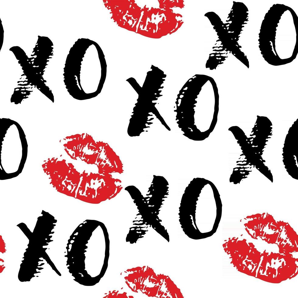 Xoxo cepillo letras signos de patrones sin fisuras, frase caligráfica de abrazos y besos de grunge, abreviatura de jerga de Internet símbolos xoxo, ilustración vectorial aislado sobre fondo blanco vector