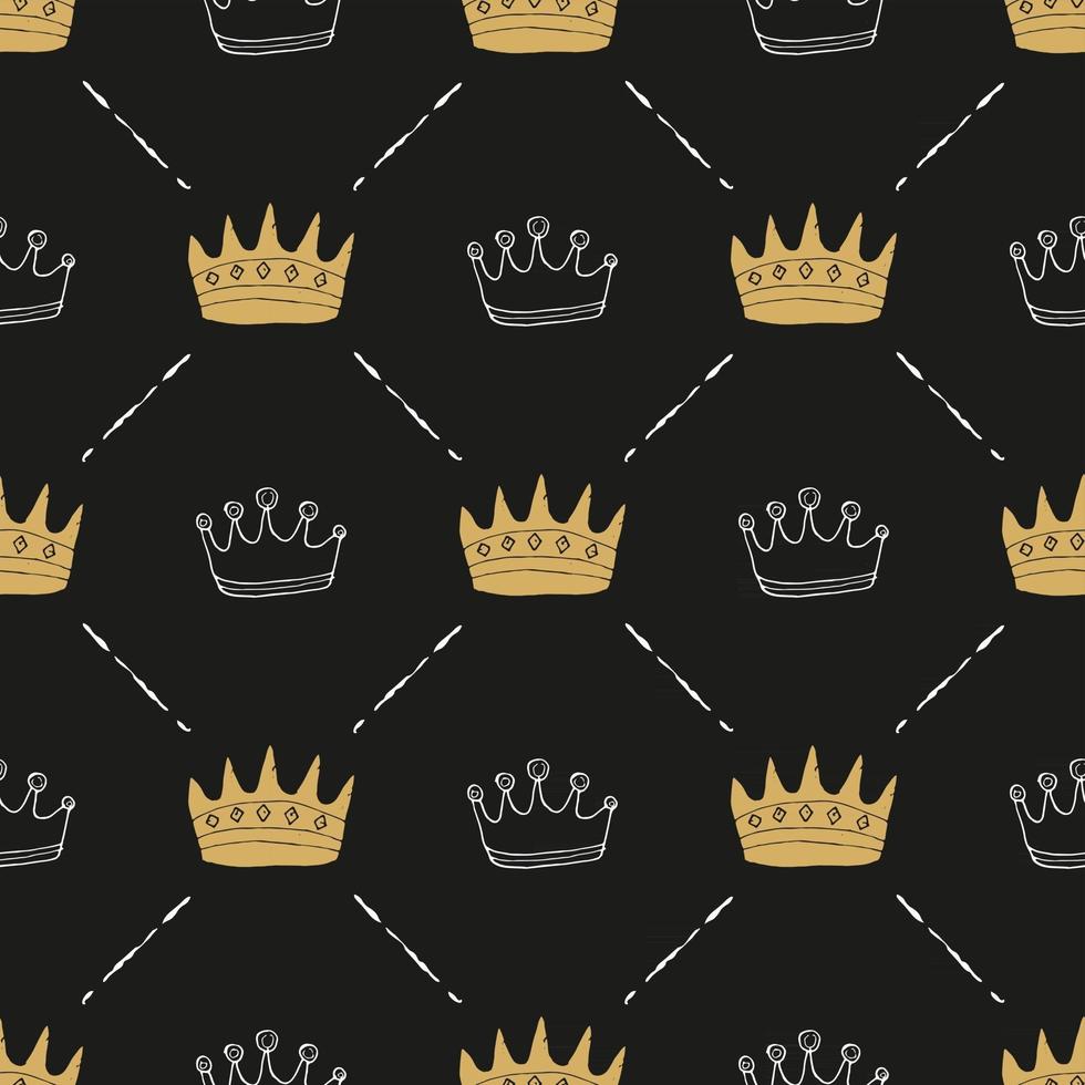 Crown Seamless Pattern, hand drawn royal doodles background, Vector Illustration