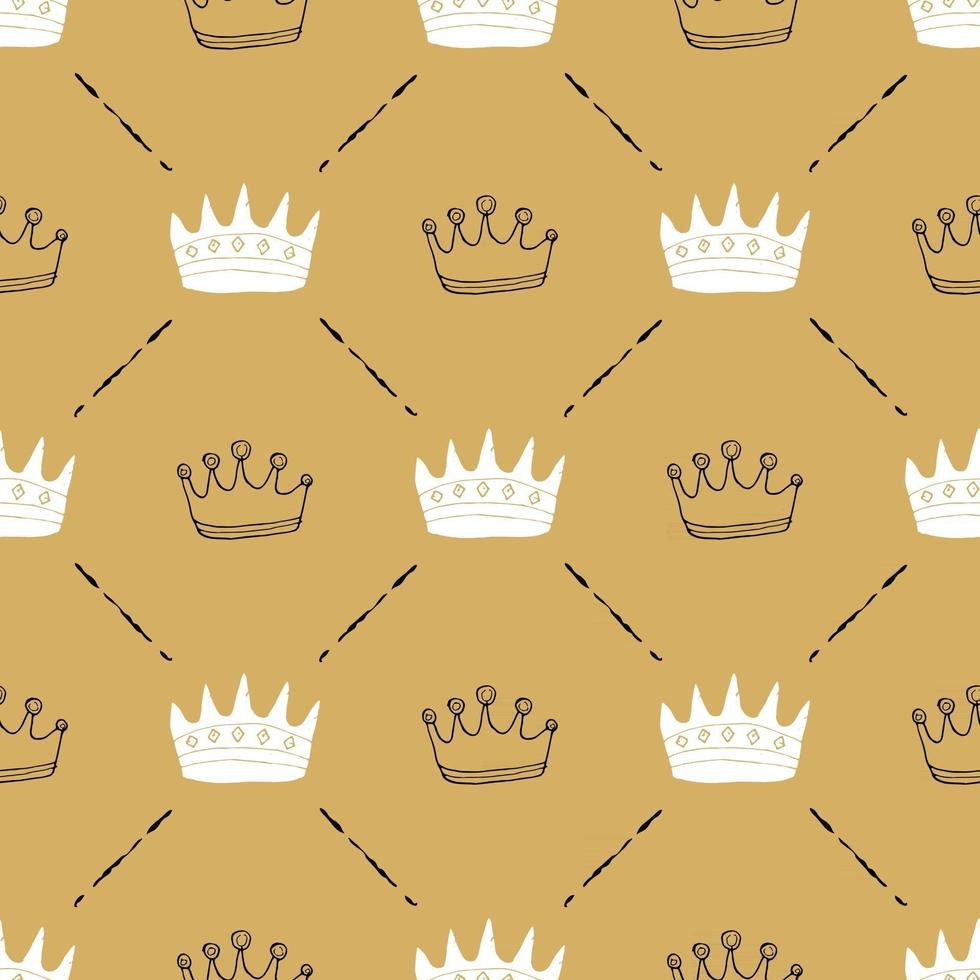Crown Seamless Pattern, hand drawn royal doodles background, Vector Illustration