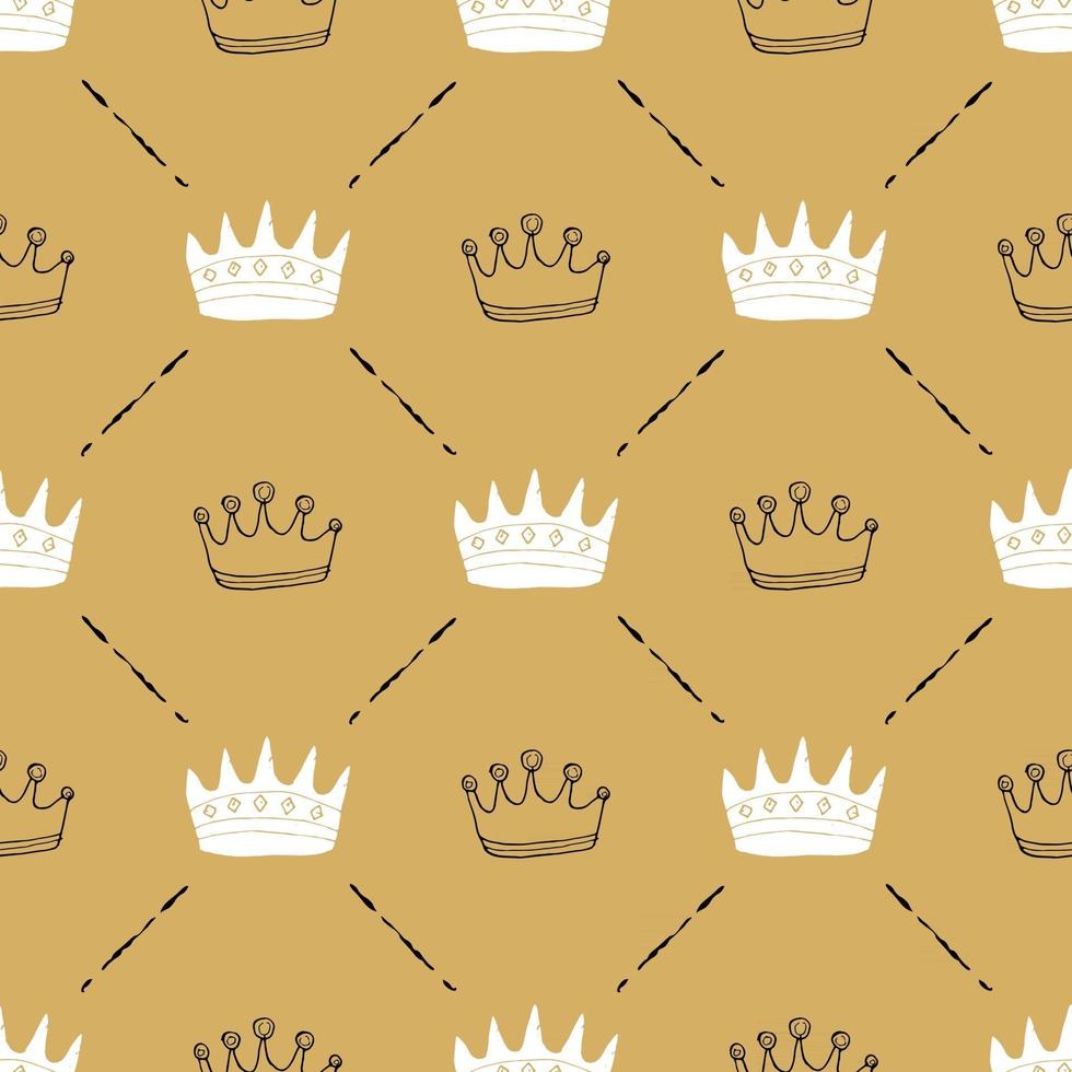 Crown Seamless Pattern, hand drawn royal doodles background, Vector Illustration