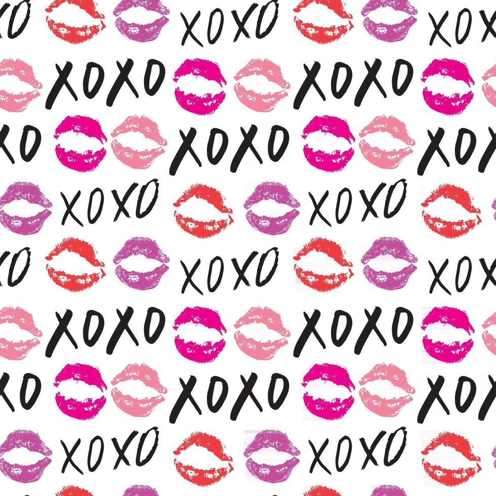 XOXO brush lettering signs seamless pattern, Grunge calligraphic hugs and kisses Phrase, Internet slang abbreviation XOXO symbols, vector illustration isolated on white background