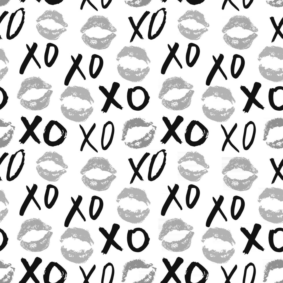 Xoxo cepillo letras signos de patrones sin fisuras, frase caligráfica de abrazos y besos de grunge, abreviatura de jerga de Internet símbolos xoxo, ilustración vectorial aislado sobre fondo blanco vector