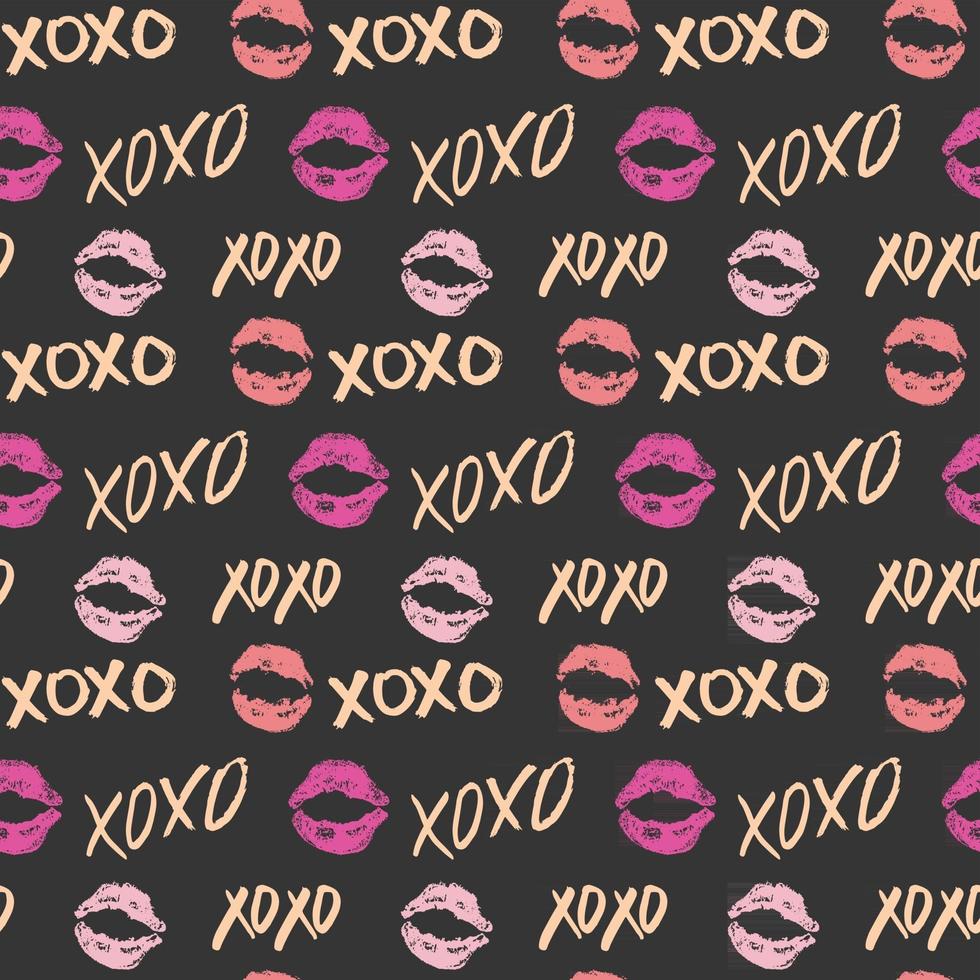 Xoxo cepillo letras signos de patrones sin fisuras, frase caligráfica de abrazos y besos de grunge, abreviatura de jerga de Internet símbolos xoxo, ilustración vectorial aislado sobre fondo blanco vector