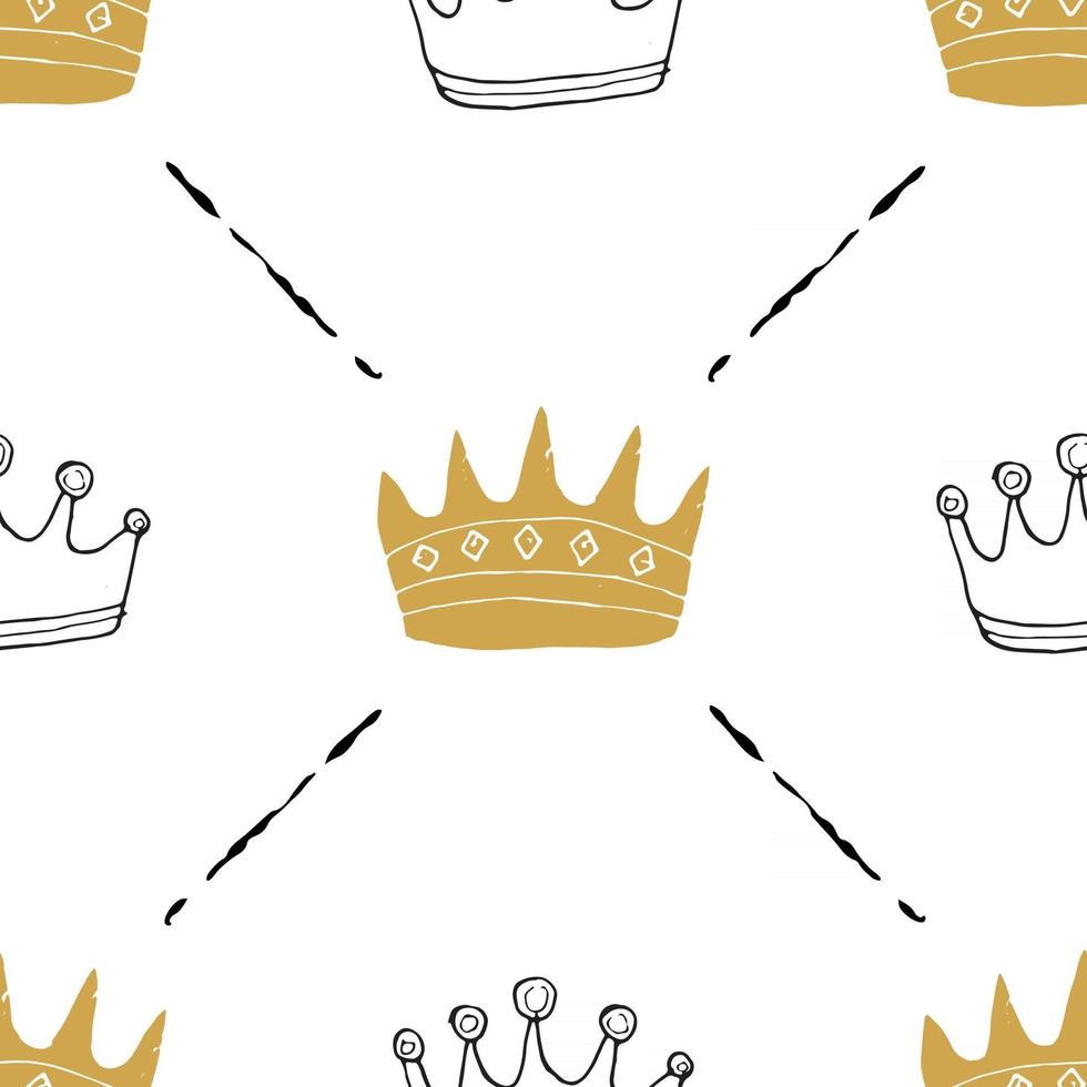 Crown Seamless Pattern, hand drawn royal doodles background, Vector Illustration