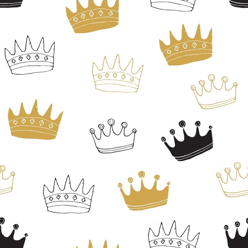 Crown Seamless Pattern, hand drawn royal doodles background, Vector Illustration